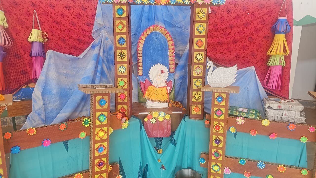 Goddess Saraswati was made from natural clay and Eco-friendly Decoration materials